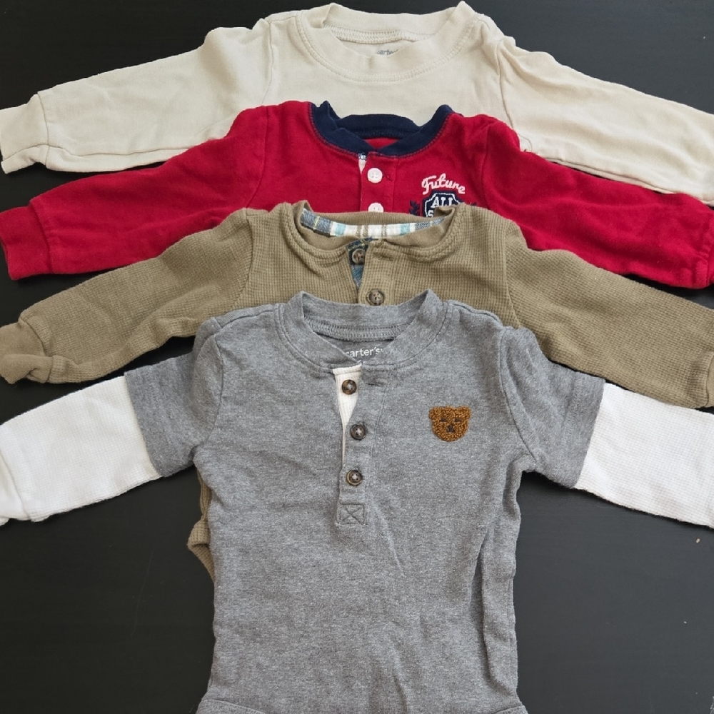 Lot Of 4 Carter's Kids Long Sleeve Onesie Tops - Cream, Red, Tan, Gray 6 Months